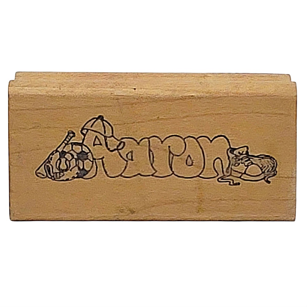 VTG Art Impressions Aaron Rubber Stamp 1"x2" Sports Bubble Letters Name Wood